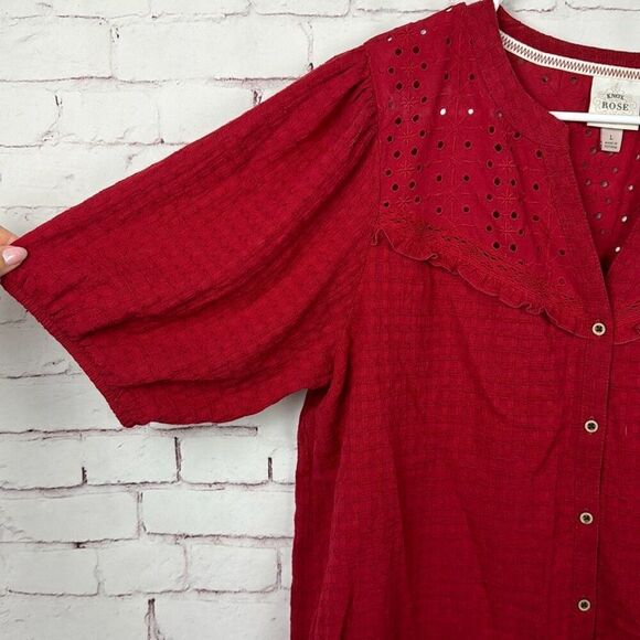 Knox Rose Shirt Womens Large Button Down Blouse Top Puff Sleeve Eyelet Lace Red - Picture 3 of 11